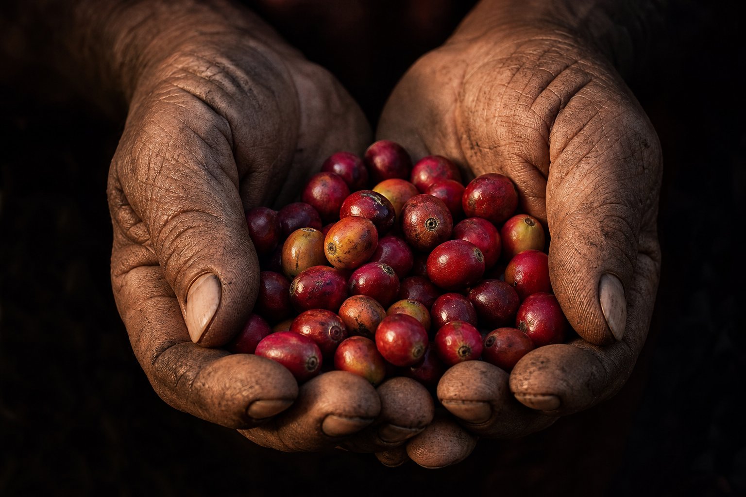 Farmer hands holding coffee cherry